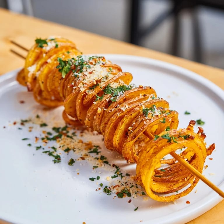 Golden brown spiral potatoes, seasoned with spices, perfect for snacks or sides.  