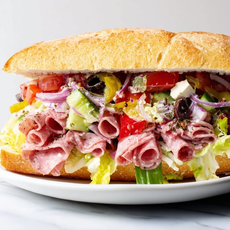 Colorful Flavor Mash-Up Sandwiches brimming with Italian cold cuts and tangy peppers.  
