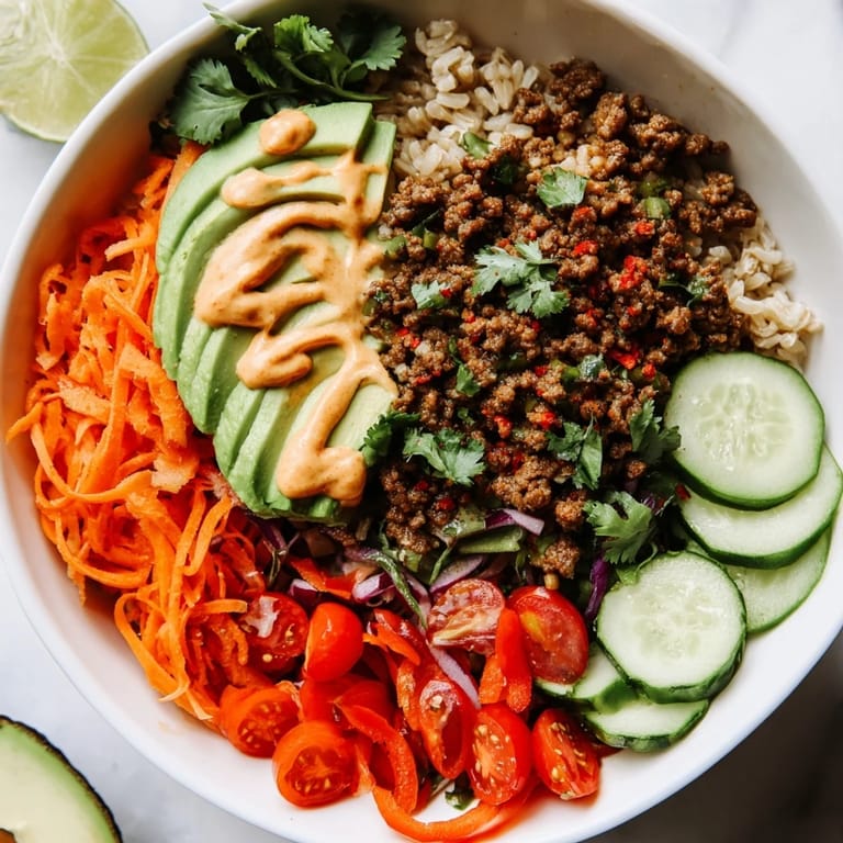 Colorful bowl of plant-based meat served with avocado and zesty lime wedges.  