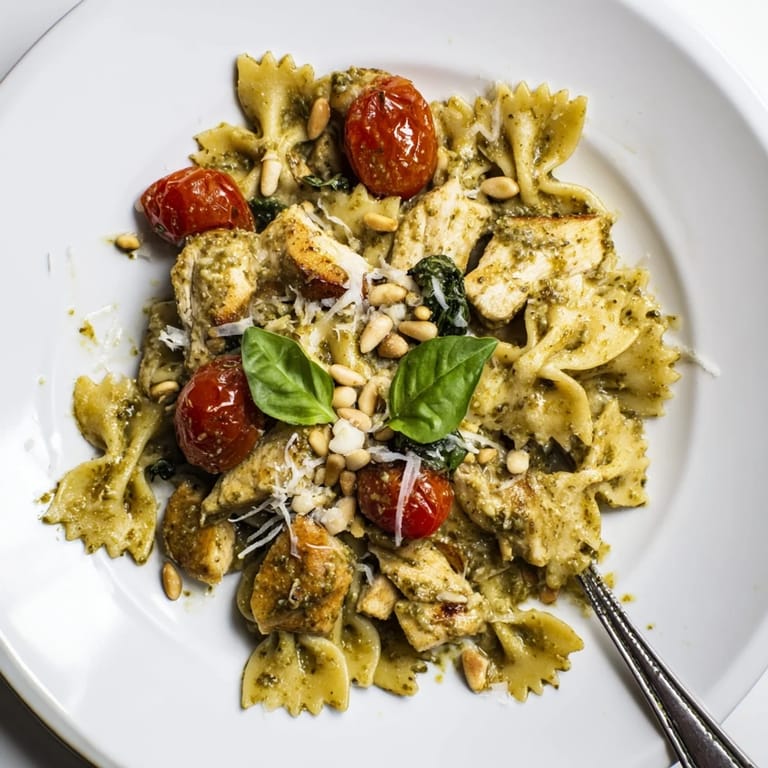 Creamy basil pesto sauce coats tender chicken and bowtie pasta in this delightful dish.
