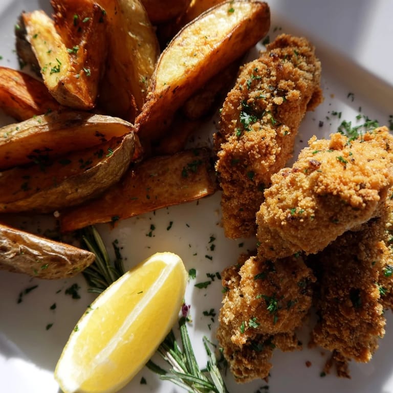 Crispy, golden herbed chicken tenders served with flavorful, homemade potato wedges and lemon.  