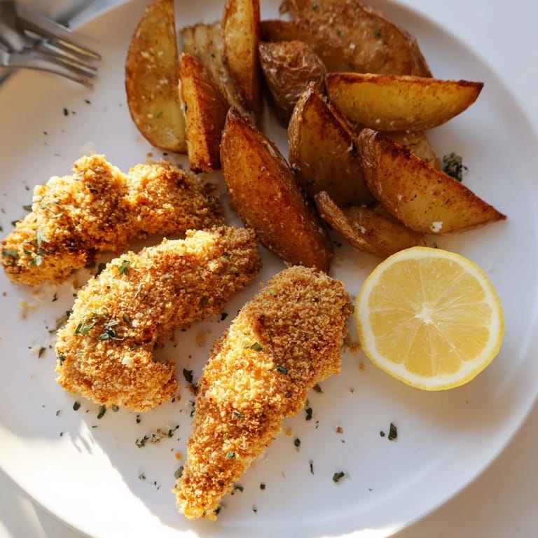 Tender chicken tenders infused with herbs, accompanied by golden-brown potato wedges for comfort.