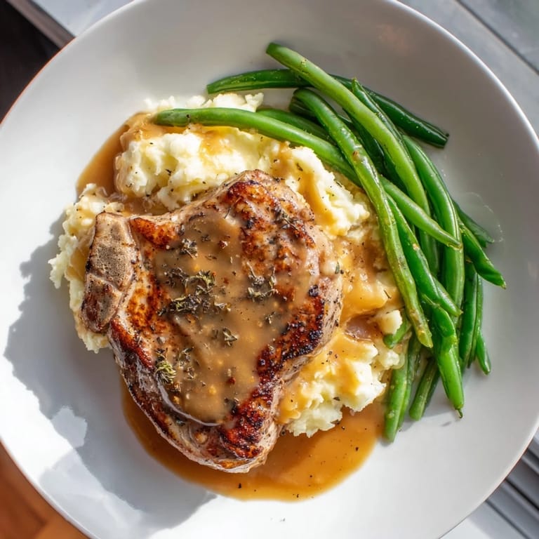 A comforting photo of a Pork Chops & Cheddar Mash Bowl, with tender pork and vibrant green beans.