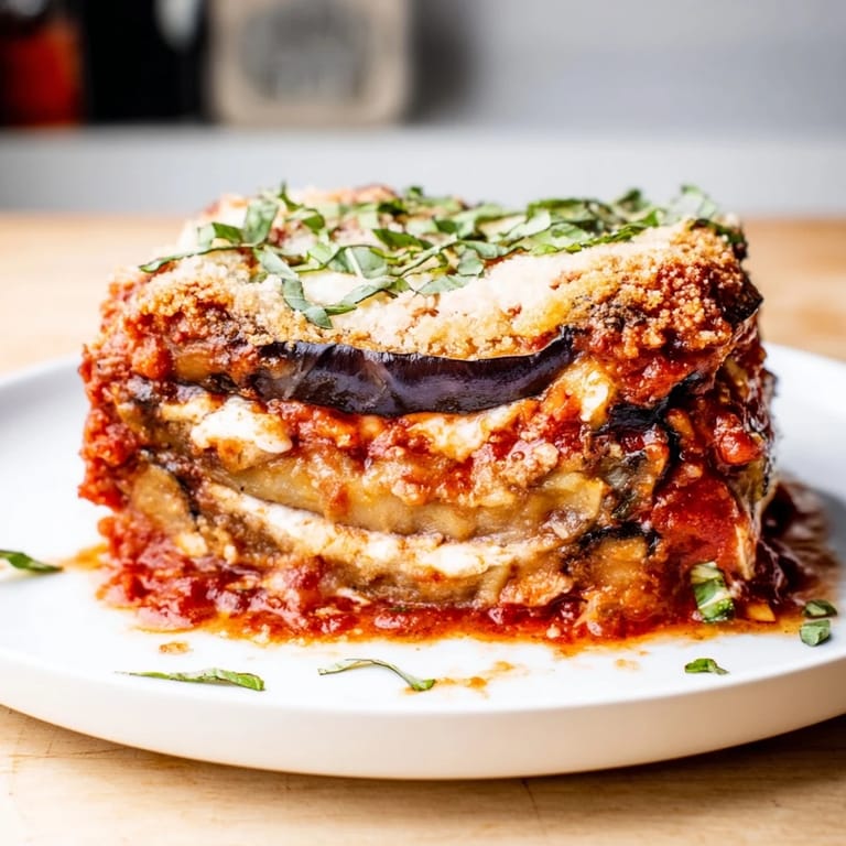 A hearty serving of Italian Eggplant Parmesan Lasagna, each layer overflowing with delicious, melty cheese and sauce.