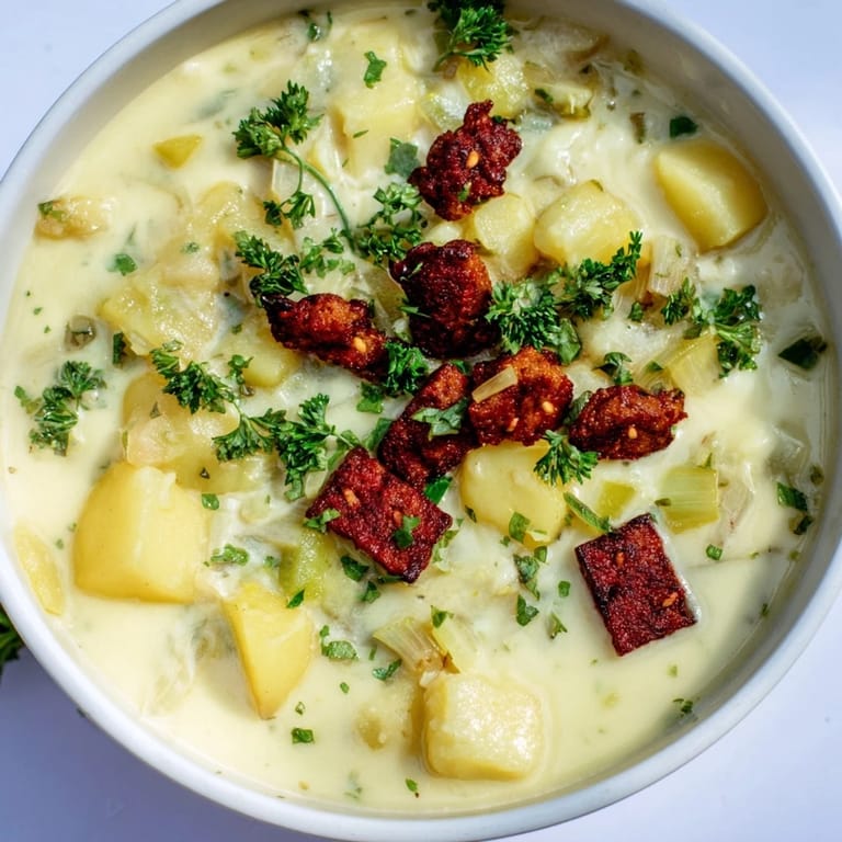 Close-up of a warm, rich bowl of Potato, Leek & Chorizo Soup, inviting on a chilly evening.