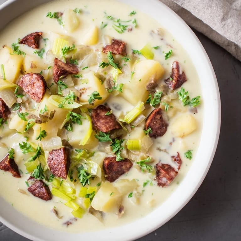 Creamy Potato, Leek & Chorizo Soup, showcasing chunky potatoes and spicy chorizo, perfect for serving.