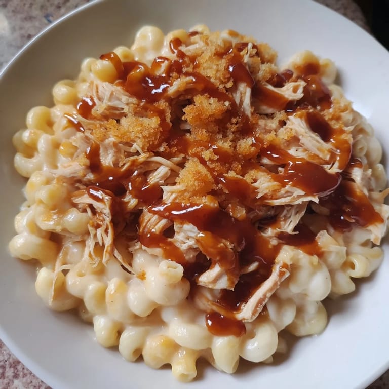 This creamy Classic Mac & Cheese with BBQ Chicken is richly topped with pulled, smoky barbecue chicken.