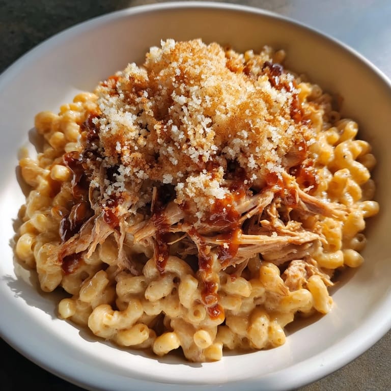 Mouthwatering, golden-brown Classic Mac & Cheese with BBQ Chicken ready to enjoy, a family favorite.