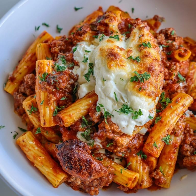 A steaming casserole of Baked Ziti, showcasing rich meaty sauce and a golden, browned cheese topping.