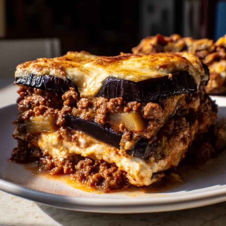 A warm, comforting dish of moussaka, featuring spiced ground beef baked with eggplant and sauce.