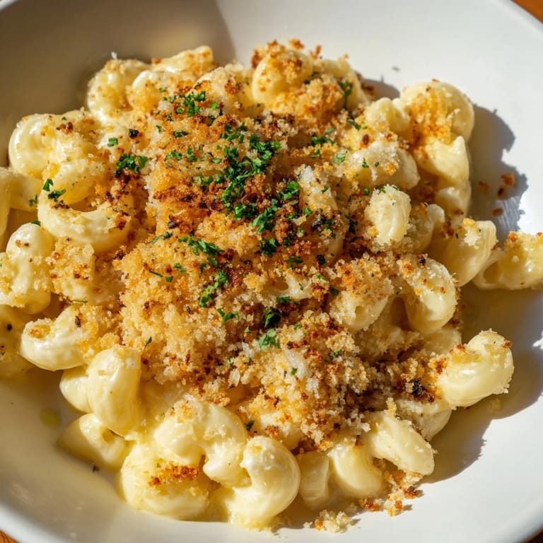 Creamy truffle macaroni & cheese is baked until bubbly, topped with crunchy breadcrumbs, ready to eat.