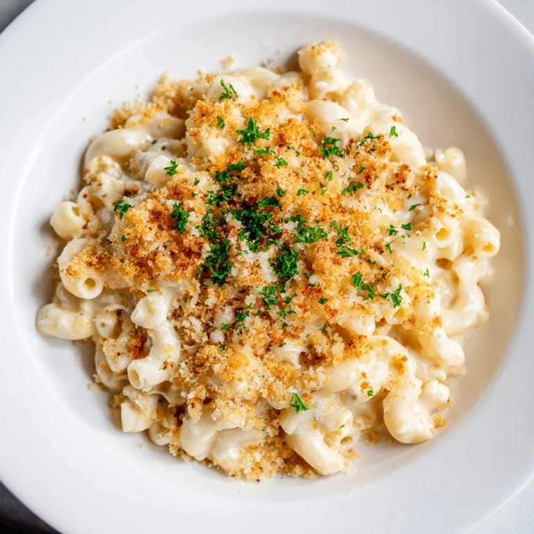 Rich and decadent truffle macaroni & cheese, plated and ready to serve, perfect for a cozy dinner.