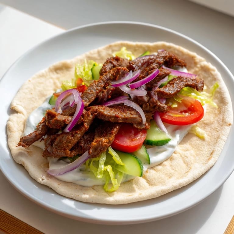Warm flatbread overflowing with savory beef shawarma, fresh toppings, and a cooling yogurt drizzle.