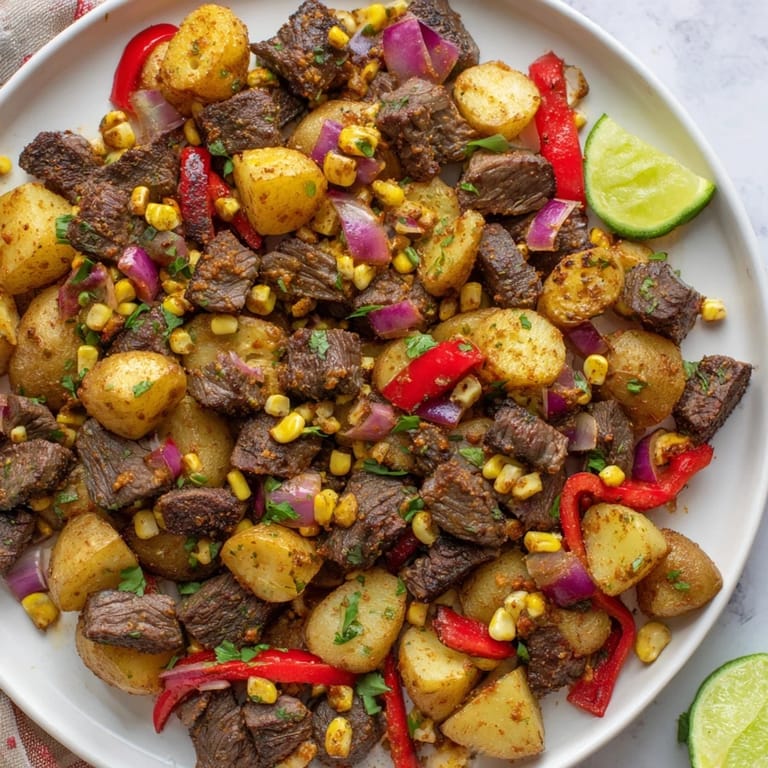Golden potatoes and juicy steak combine in delicious Southwest Steak & Potato Skillet, ready for serving!