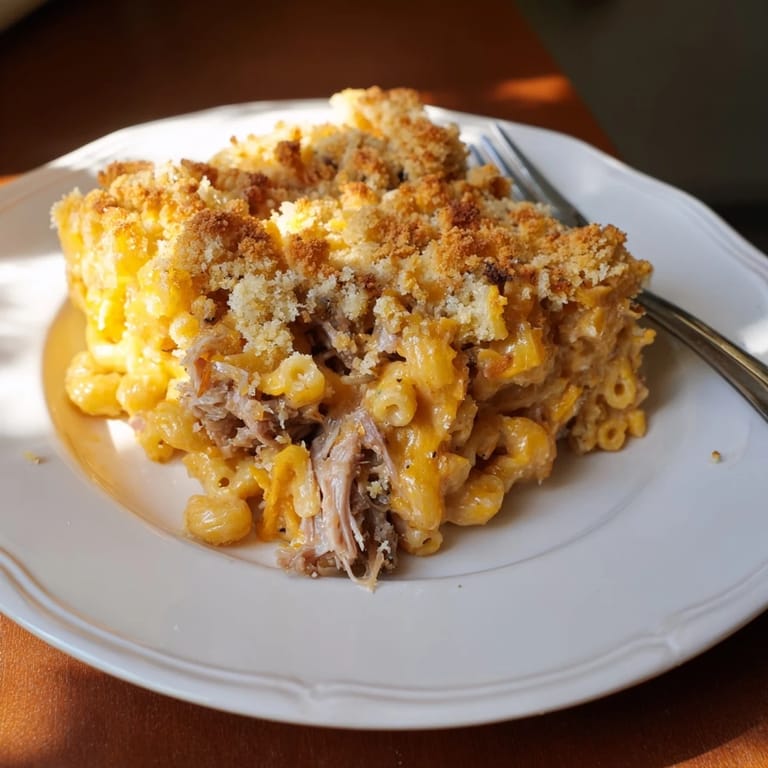 A close-up of barbecue pulled pork mac and cheese reveals tender pork nestled in cheesy macaroni, great for sharing.