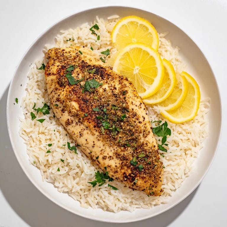 Golden-brown Lemon Pepper Chicken breasts, fragrant with lemon, paired with tender rice for a tasty dinner.