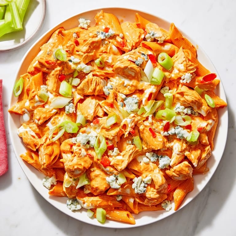 Spicy and savory Buffalo Chicken Pasta Skillet, garnished with green onions, ready for a delicious meal.