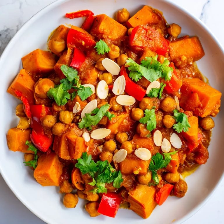A close-up of a richly spiced Moroccan Chickpea & Sweet Potato Tagine, perfect for a cozy vegan dinner.