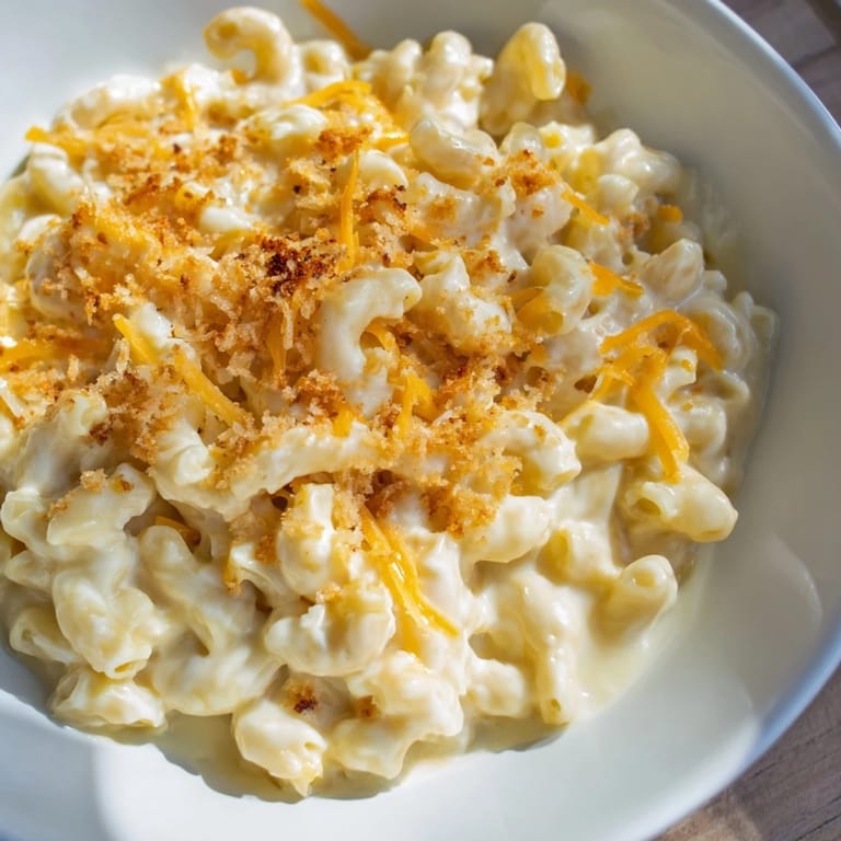 Homemade Mac & Cheese featuring evaporated milk: a close-up of cheesy, baked comfort food.