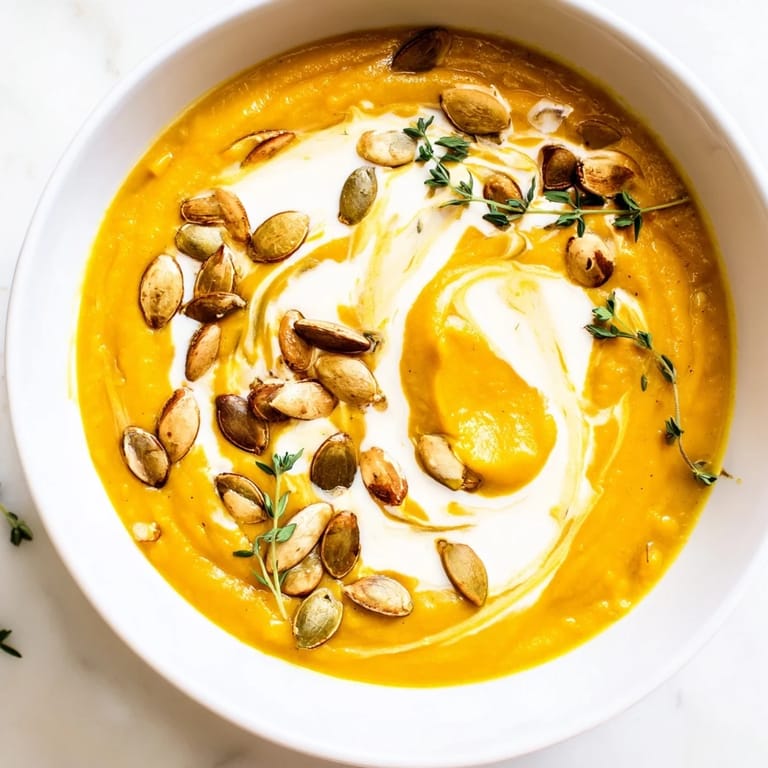 Golden-hued, smooth creamy roasted acorn squash soup, perfect for a cozy fall evening.