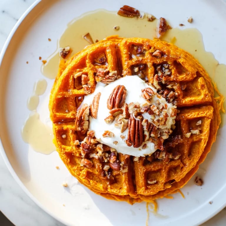 A warm plate of homemade sweet potato waffles, beautifully fluffy and lightly spiced with cinnamon.