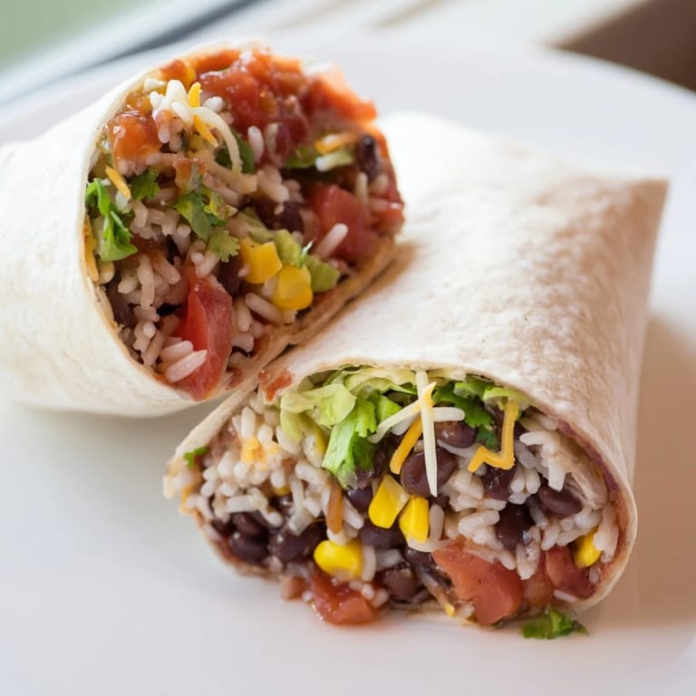 A delicious, warm Rice & Bean Burrito with a vibrant filling, perfect for a quick, satisfying vegetarian meal.