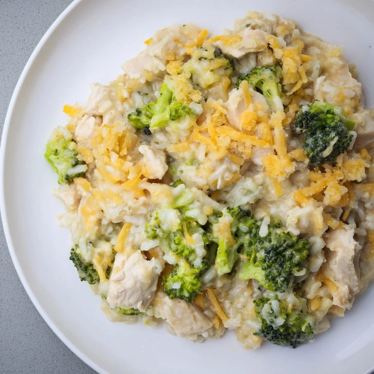 This baked Chicken & Broccoli Rice Casserole presents a creamy, cheesy, and hearty family-friendly meal.