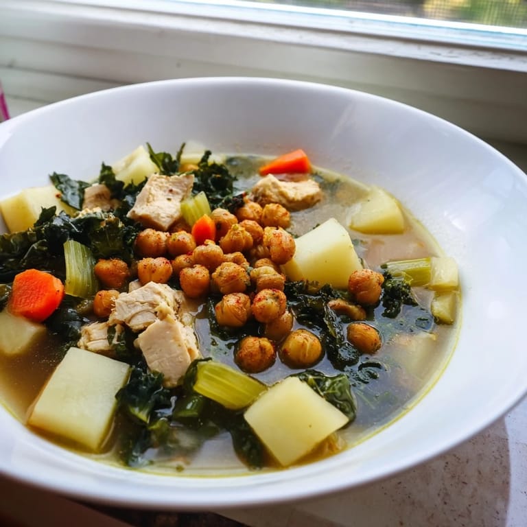 Hearty Chicken Kale Soup with visible carrots and flavorful crispy chickpeas, a healthy and delicious meal.