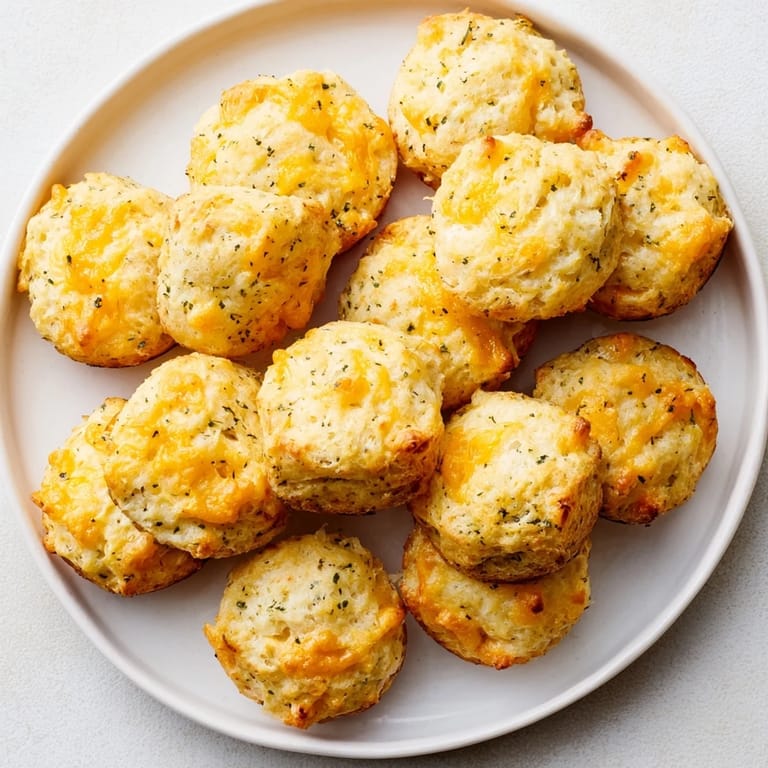 A close-up of cheesy, savory Mini Cheddar Bay Biscuit Pull-Aparts perfect for a shareable appetizer platter.