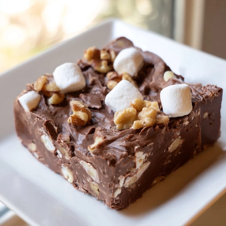 This microwave easy marshmallow fudge looks decadent, with scattered marshmallows and chocolate goodness.