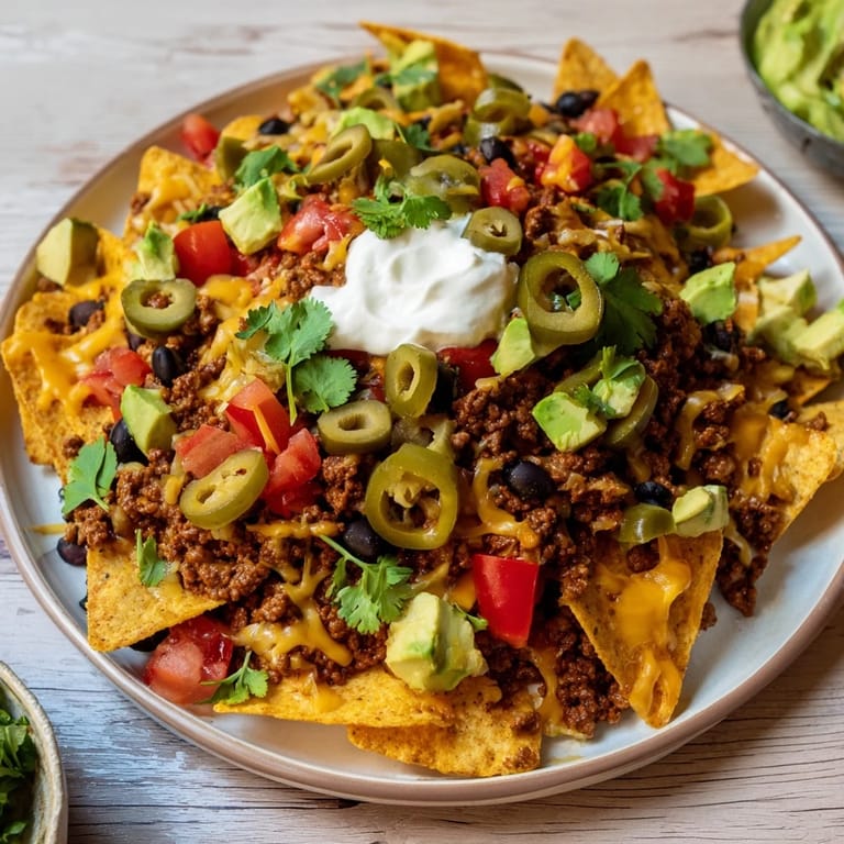 A fully loaded sheet pan of Sheet Pan Nachos with budget ground beef, showcasing melted cheese, crunchy chips, and fresh toppings.