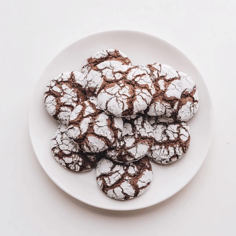 A plate of freshly baked Chocolate Crinkle Cookies, showing off their signature crinkled texture.