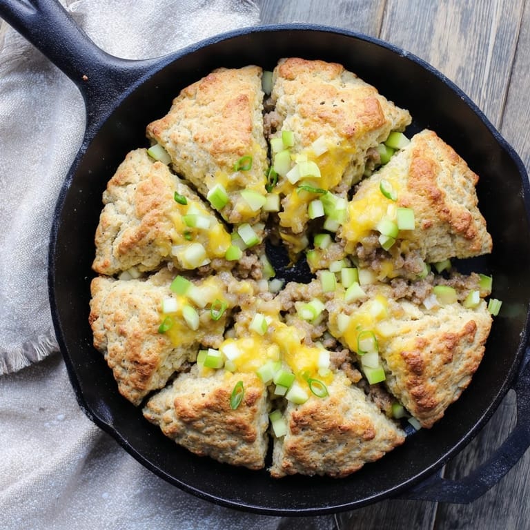 Imagine warm, flaky Savory Apple, Sausage, and Cheddar Scone Skillet with melted cheese, juicy apples.