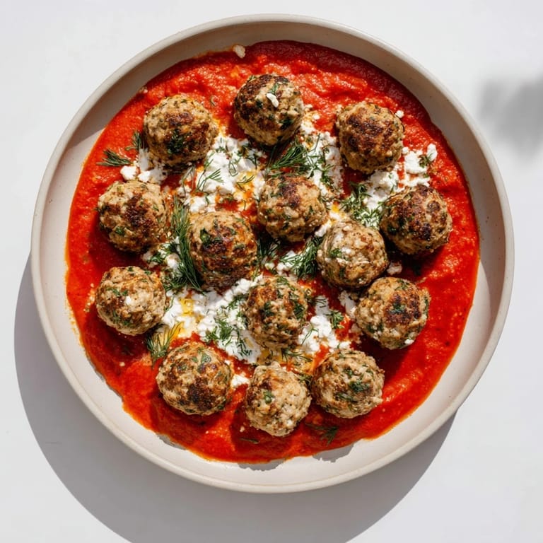 Creamy lemon-feta sauce generously atop juicy Instant Pot Greek-Style Meatballs with fresh herbs.