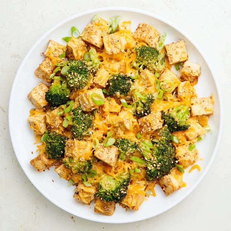 A warm, inviting image of Cheesy Baked Tofu and Broccoli; creamy sauce bubbles appealingly over crisp tofu.