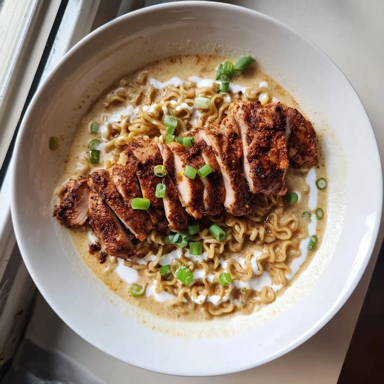 A flavorful serving of Fiery Chicken Ramen, featuring swirling noodles and creamy garlic sauce drizzled across.