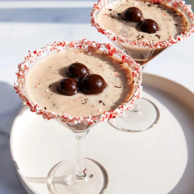 Garnished with espresso beans, these festive Peppermint Espresso Martinis are the perfect treat.