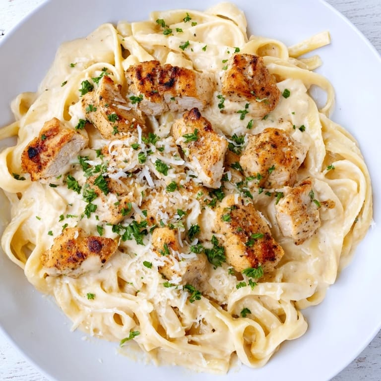A steaming bowl of comforting Cajun Chicken Alfredo Fettuccine Pasta, rich Velveeta sauce and spices.
