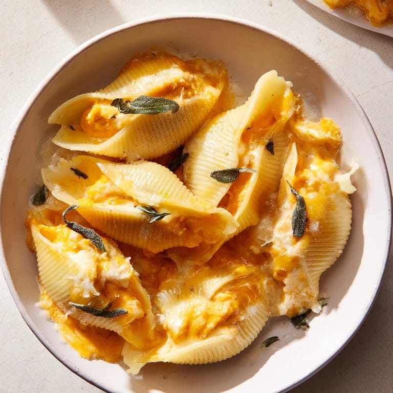 Creamy pumpkin and smoked Gouda filling overflowing from baked shells with Alfredo sauce.