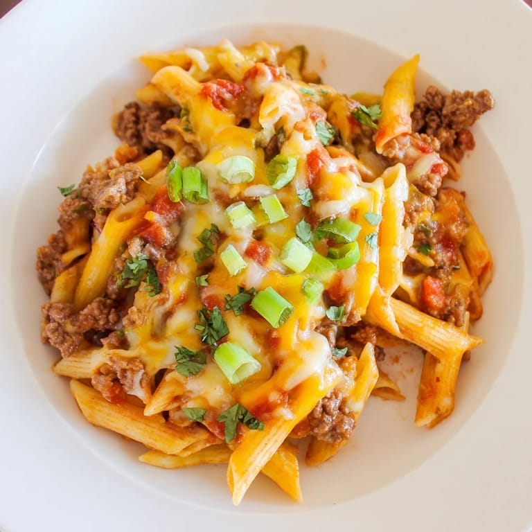 This photo depicts a bubbling skillet of Easy Beef Enchilada Pasta, garnished with fresh cilantro and green onions.