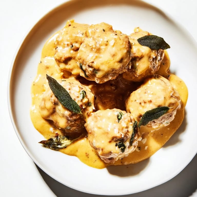 A comforting close-up: flavorful turkey meatballs bathed in a warm pumpkin sage sauce.