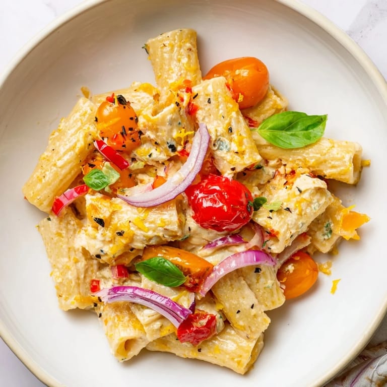 Savory baked feta Christmas pasta, showcasing tender pasta coated with a creamy feta and tomato sauce.