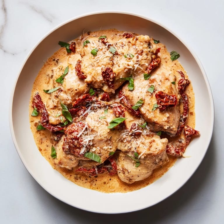 Sizzling Marry Me Chicken Thighs, garnished with fresh basil, showcasing a rich and flavorful weeknight dinner.