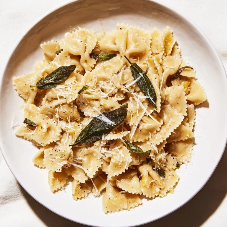 A close-up shot of Brown Butter & Sage Ditalini pasta, ready to serve with Parmesan and lemon zest.
