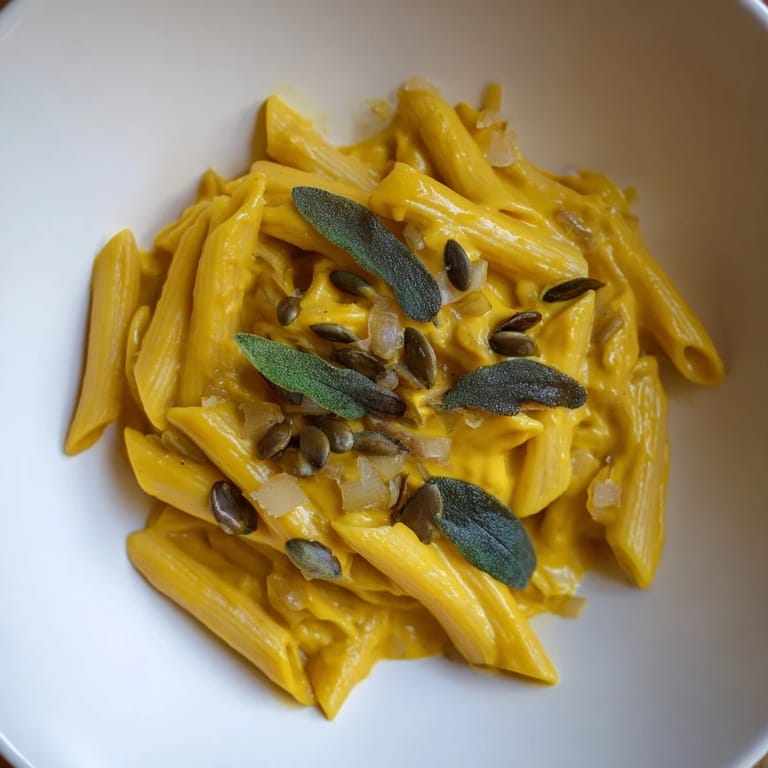 Golden Vegan Creamy Pumpkin Pasta, tossed with a creamy sauce and garnished with fresh sage leaves.
