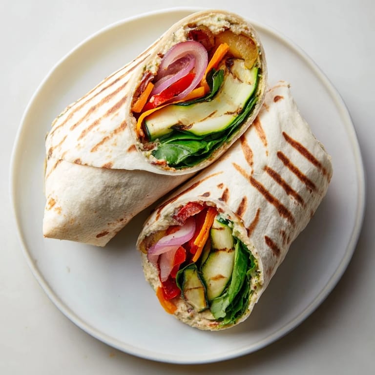 Close up revealing a Snowflake Hummus & Roasted Veggie Wrap: look at the vegetables and creamy hummus layers.