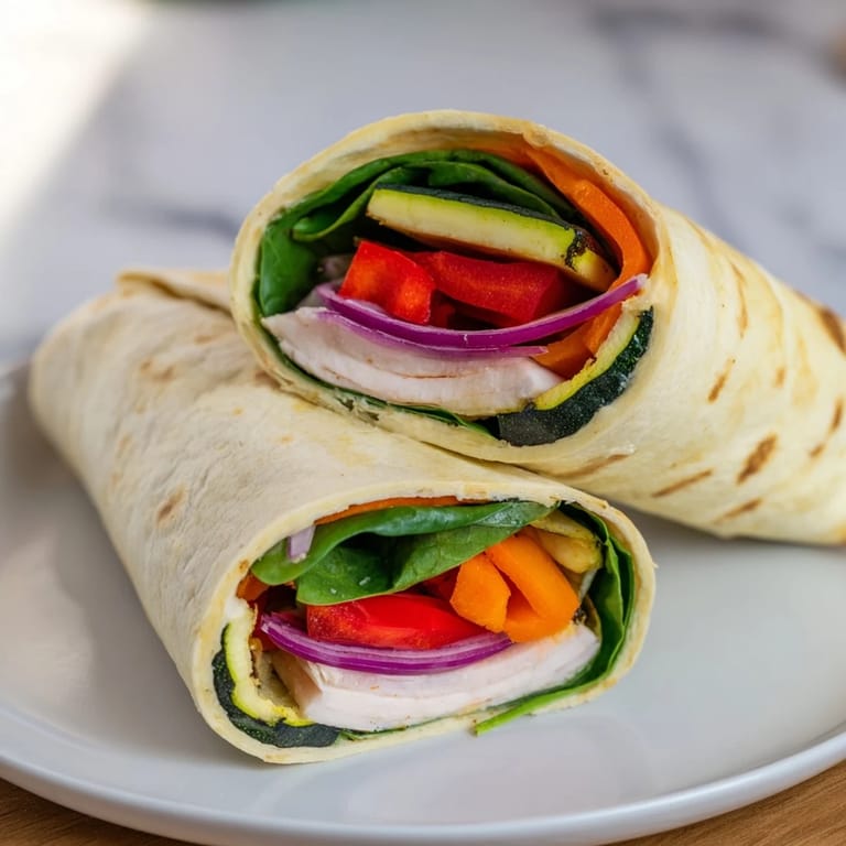 Golden brown Snowflake Hummus & Roasted Veggie Wrap, ready to eat, served on a plate for a healthy lunch.