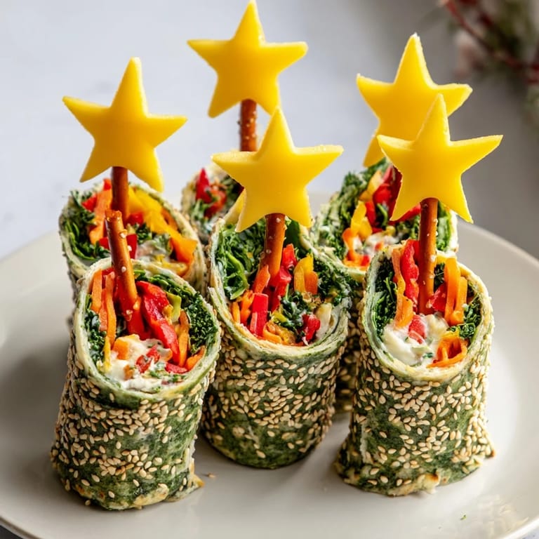Golden air-fried Christmas Tree Veggie Tortilla Wraps, a fun vegetarian appetizer with colorful vegetable filling.