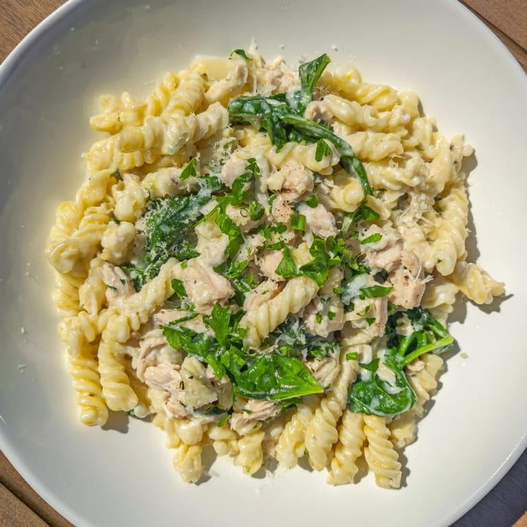 A bowl of this comforting one-pot creamy spinach & turkey pasta, brimming with tender turkey and spinach.