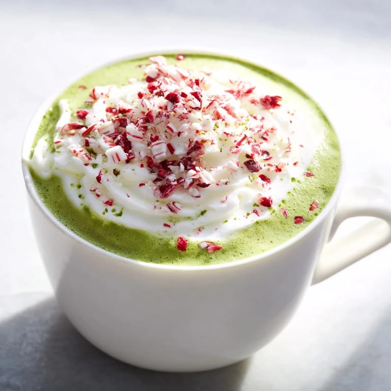 Rich, creamy Cozy Peppermint Matcha Christmas Latte, with swirls of green and a dusting of peppermint.